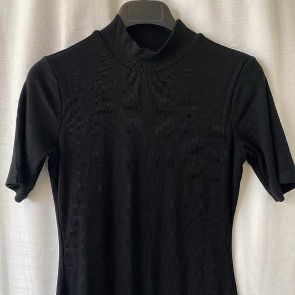 Marine Layer Lexi Ribbed Midi Dress Sz M Black Short Sleeve Mock Neck Lined - Picture 2 of 13